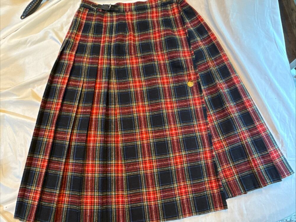 Vintage P.B.D. Tartan Plaid Wrap Kilt Skirt Junior 13/14 Wool Blend Fringe